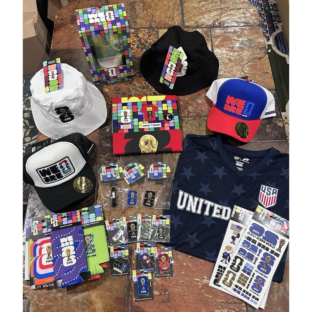 Lot Of 27 NEW FIFA 2026 World Cup Large Shirt, Hat, Keychain, Pin, Light, Koozie